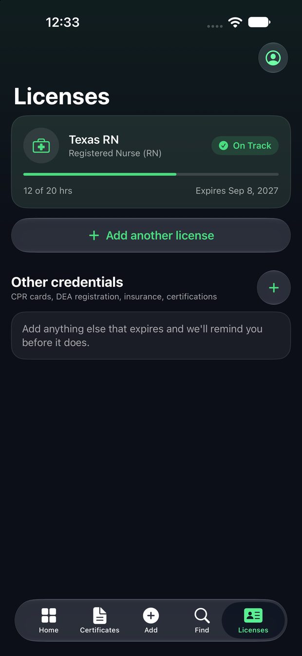 Licenses screen with Texas RN on track and Other credentials
